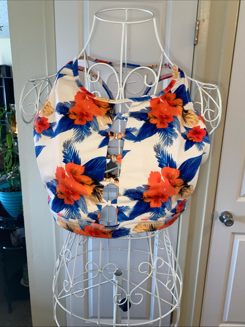No Boundaries White Halter Crop Top with Blue and Orange Floral Print